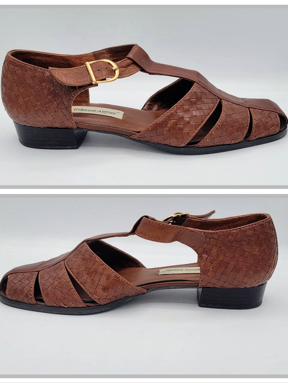 Etienne Aigner Toba Woven Leather T Strap Peep Toe Shoes Womens 9.5 M Brazil 80s - Picture 13 of 16